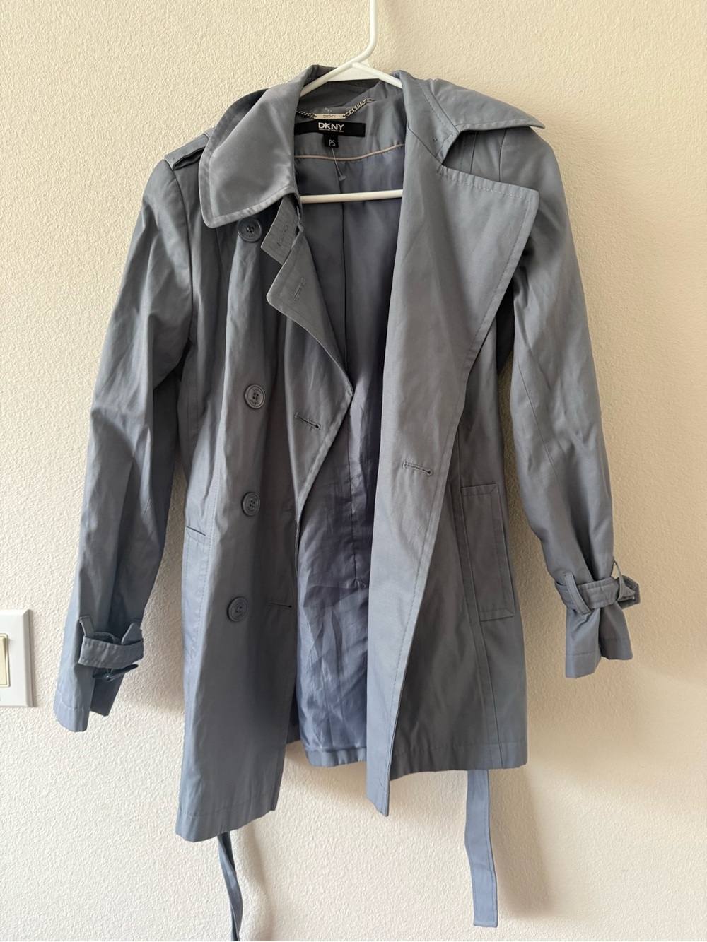 DKNY Gray Double-Breasted Trench Coat with Belt